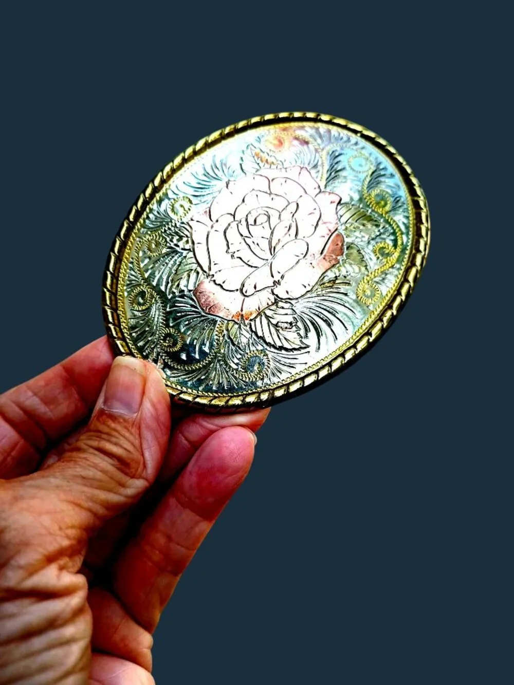 Western Belt Buckle Silver & Gold Rose Flower W Logo Made in USA Oval Womens